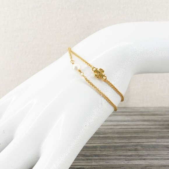 Tory Burch Logo Pearl Slider Adjustable Bracelet Gold OS - Picture 7 of 12